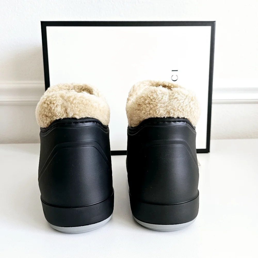 New With Tags Gucci Horsebit Black Rubber & Shearling Ankle Boots - Size EU 37
